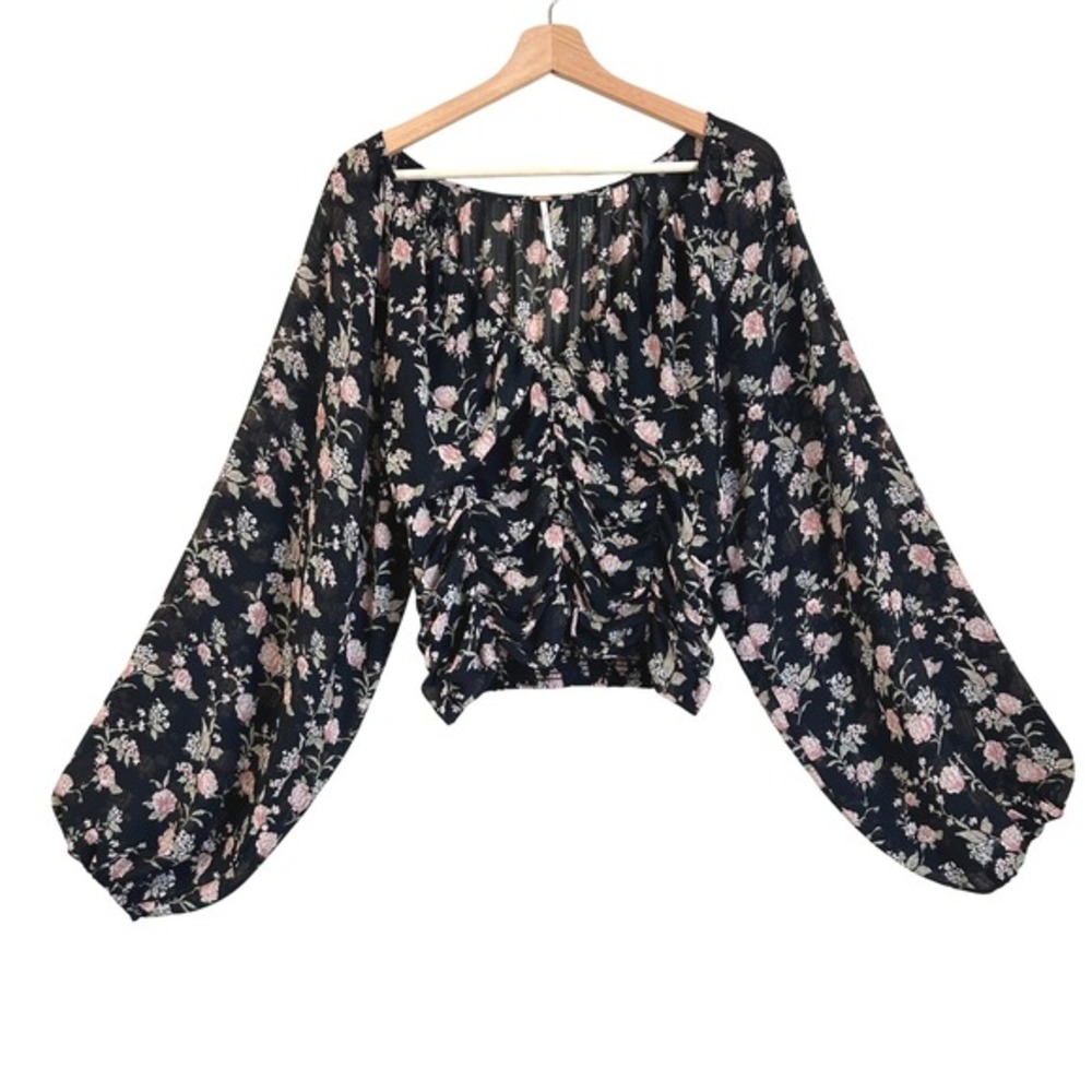 Free People Large Black Floral Ruched Smocked Balloon Sleeve Shirt Rose Medieval